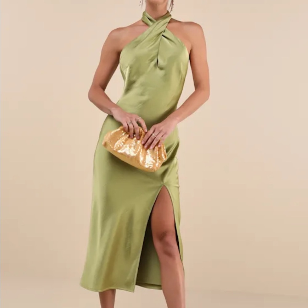 Chartreuse Satin Halter Midi Dress